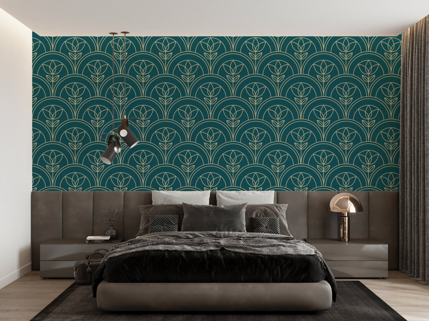 Art Deco wallpaper pattern bringing luxury to a home office with vintage furniture