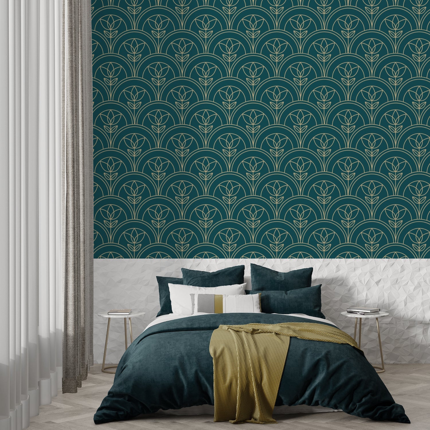 Geometric pattern wallpaper transforming a hallway with Art Deco-inspired decor