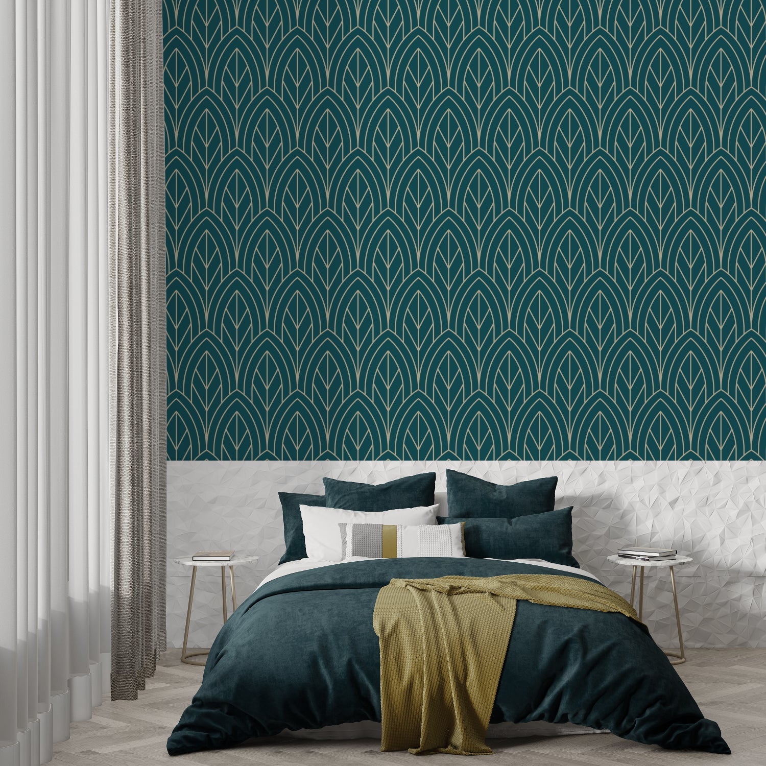 Teal and gold art deco wallpaper in master bedroom showing geometric pattern detail