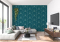 Art deco fan pattern wallpaper in teal bringing elegance to a modern living room setting