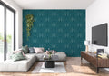 Art deco teal fan pattern wallpaper in modern living room with grey sofa and brass accents
