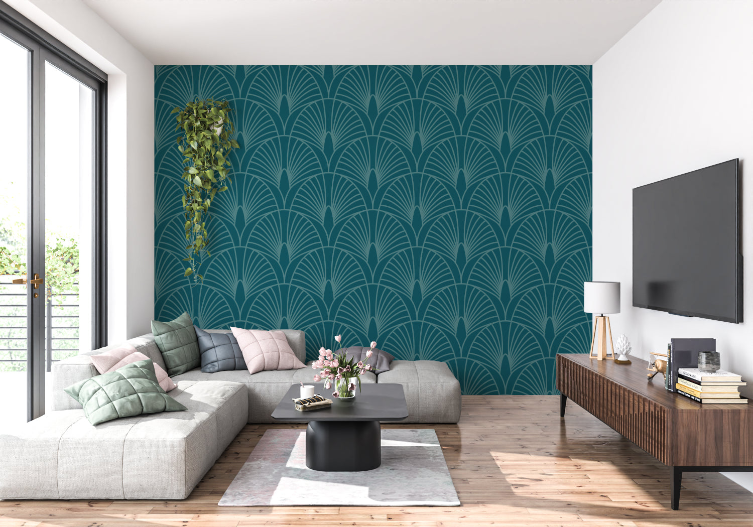 Art deco teal fan pattern wallpaper in modern living room with grey sofa and brass accents