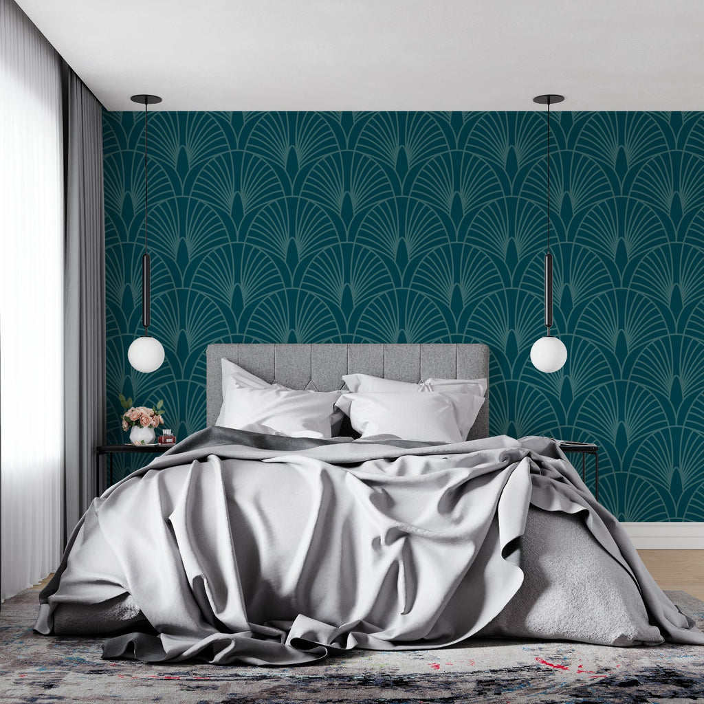 Elegant dining room featuring art deco fan pattern wallpaper in teal with crystal chandelier