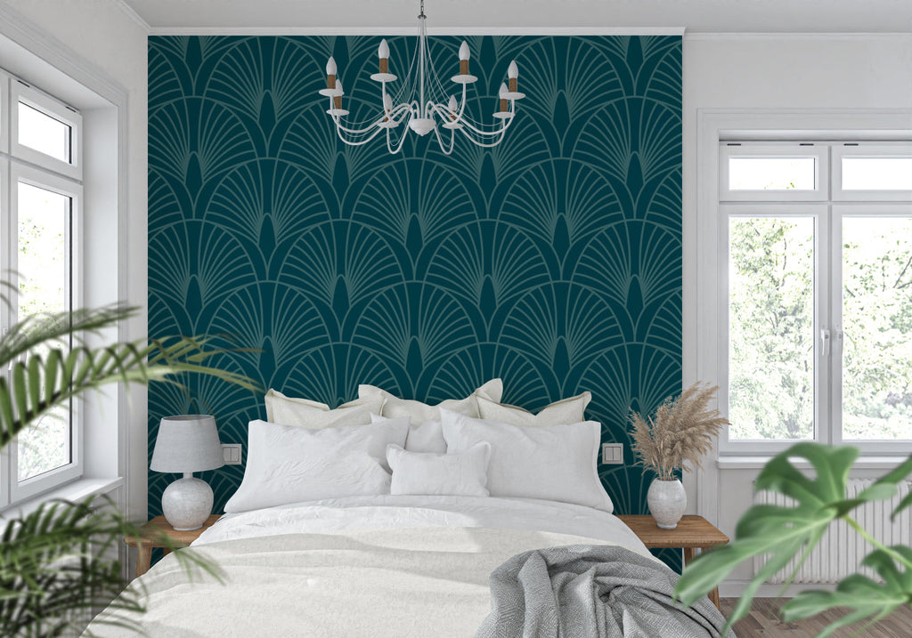 Hotel lobby showcasing art deco fan pattern wallpaper with modern furniture
