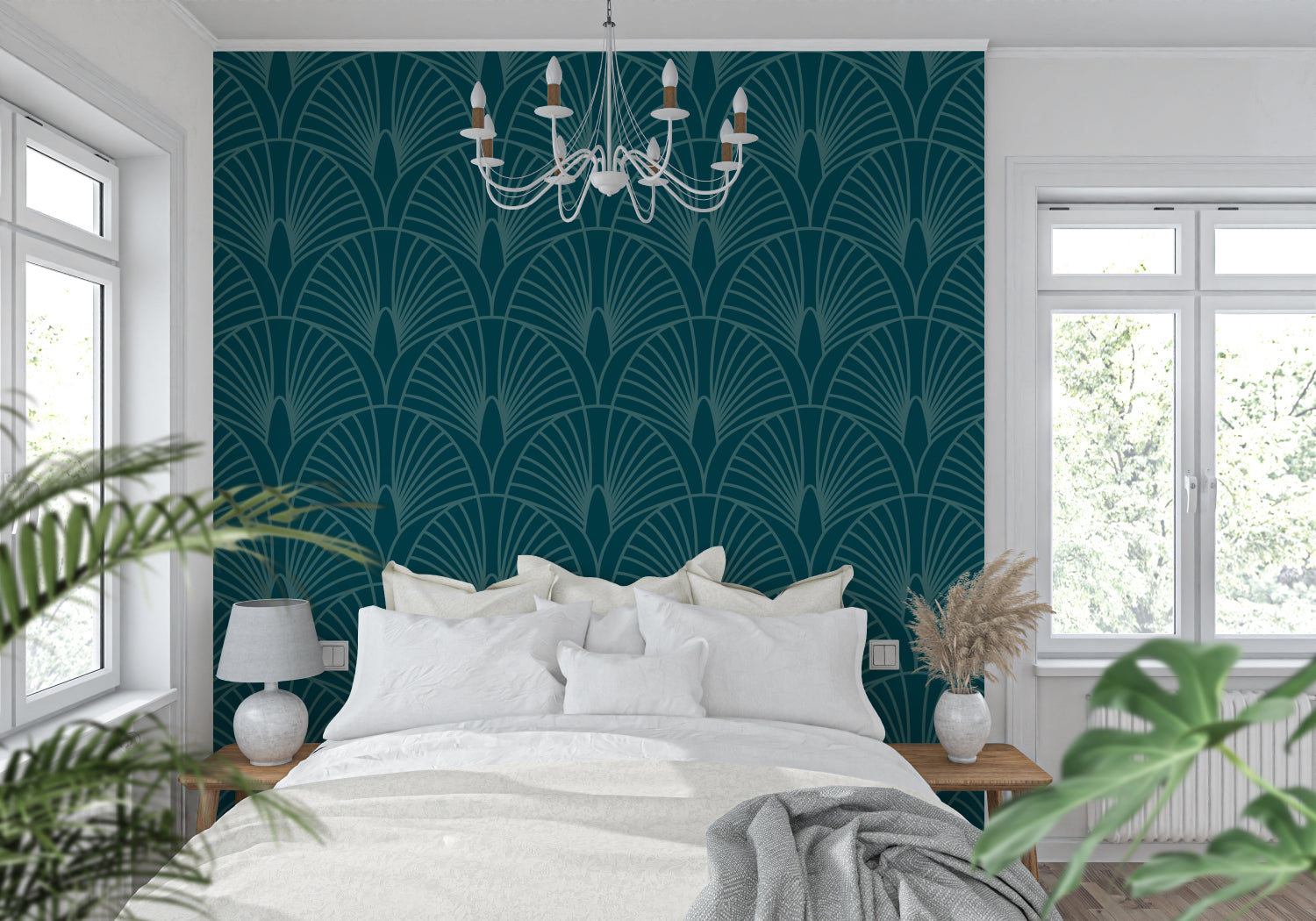 Hotel lobby showcasing art deco fan pattern wallpaper with modern furniture