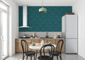 Teal art deco wallpaper with geometric arches creating elegant flow in modern living room
