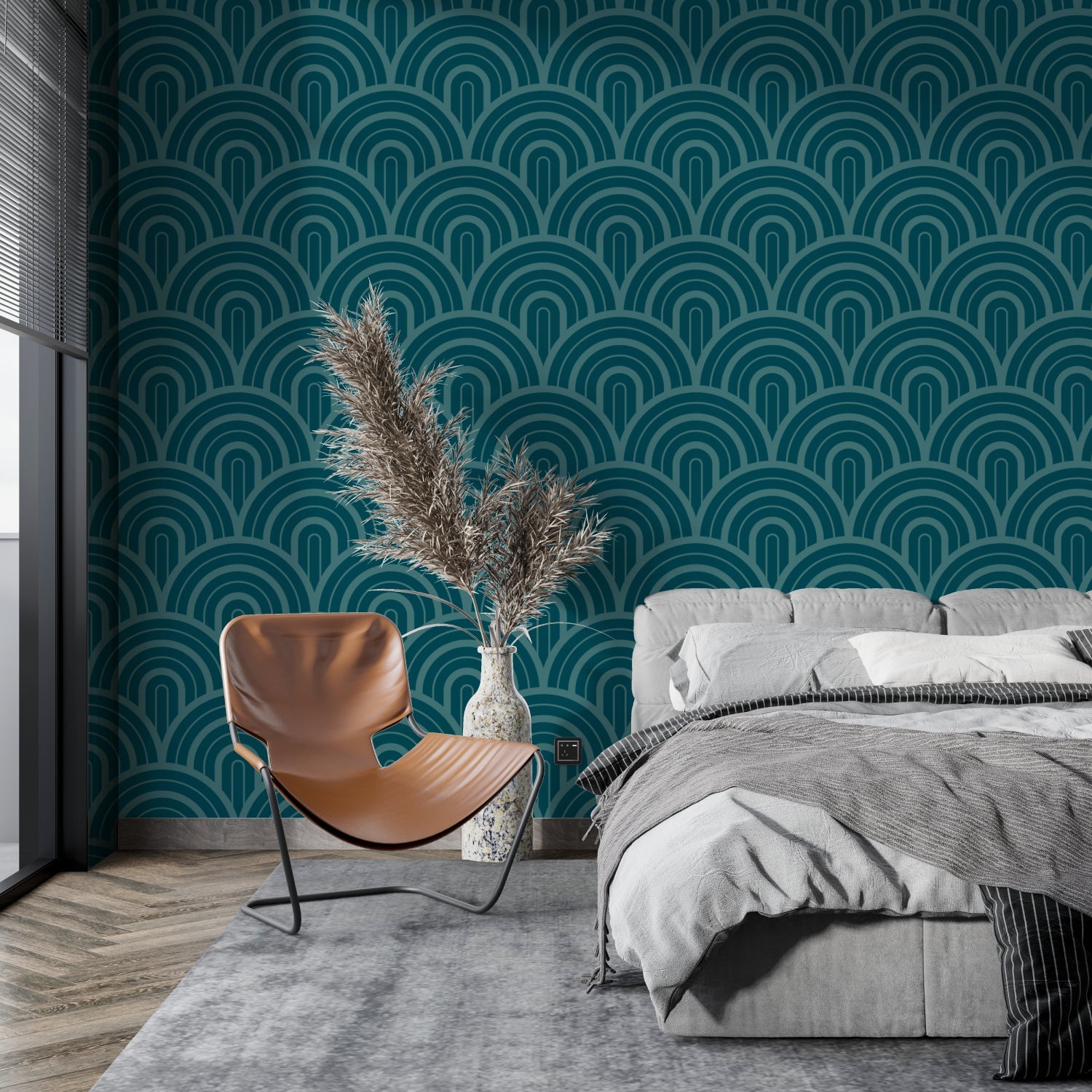 Art deco teal wallpaper making statement in dining room setting