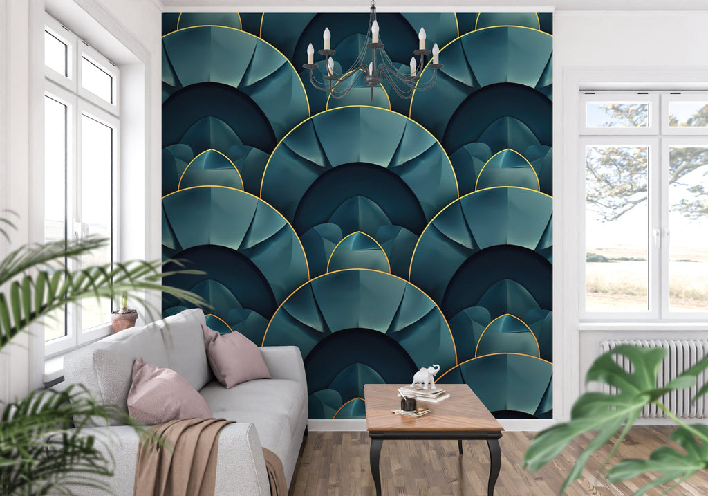 Art deco wallpaper pattern making a statement in an elegant dining room with brass fixtures