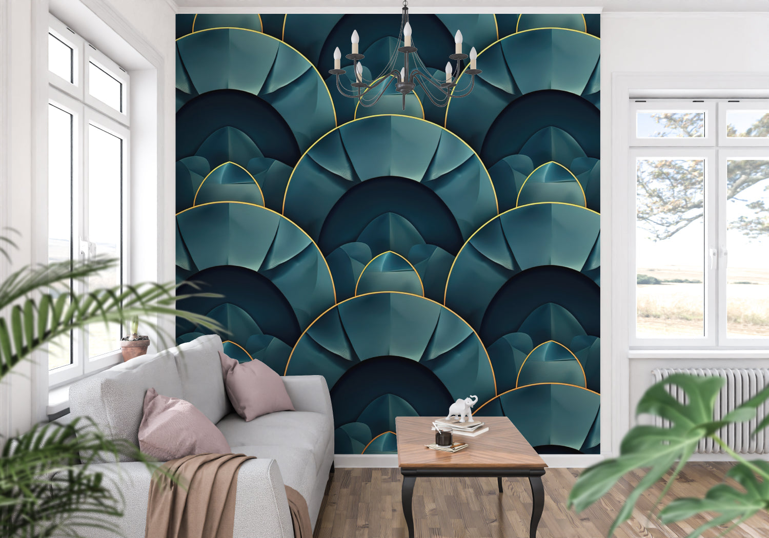 Art deco wallpaper pattern making a statement in an elegant dining room with brass fixtures