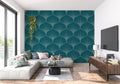 Art deco wallpaper in modern living room showing teal ginkgo fan pattern creating depth and dimension