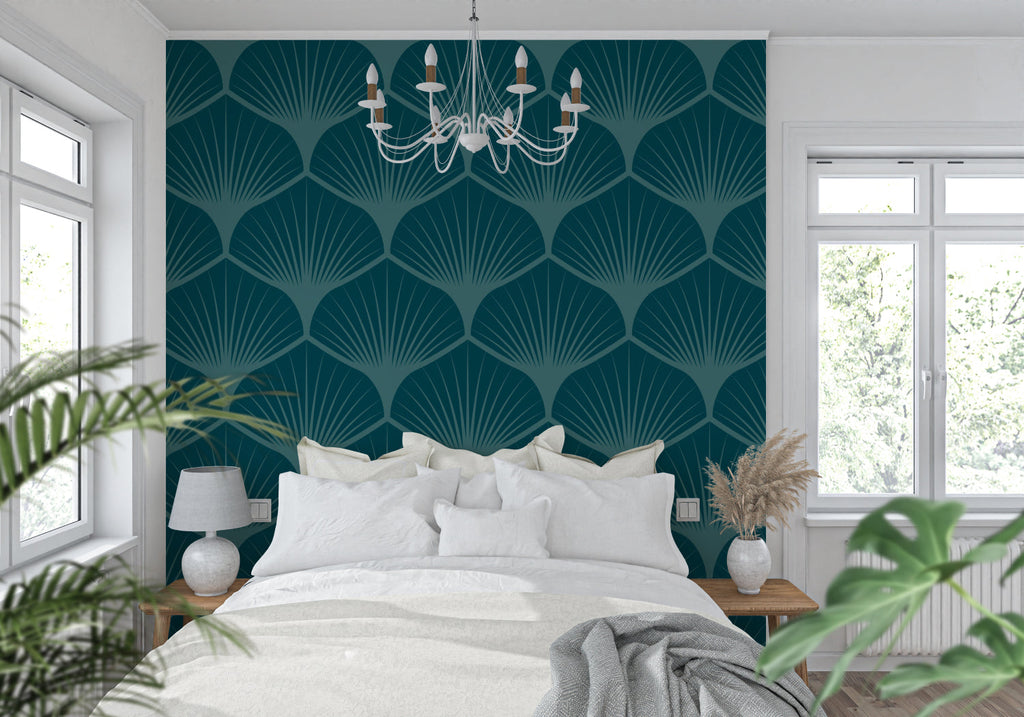 Bedroom accent wall with art deco ginkgo leaf pattern in teal tones
