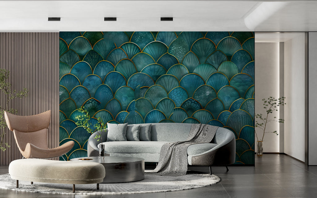 Geometric art deco wallpaper feature wall in home office with gold desk