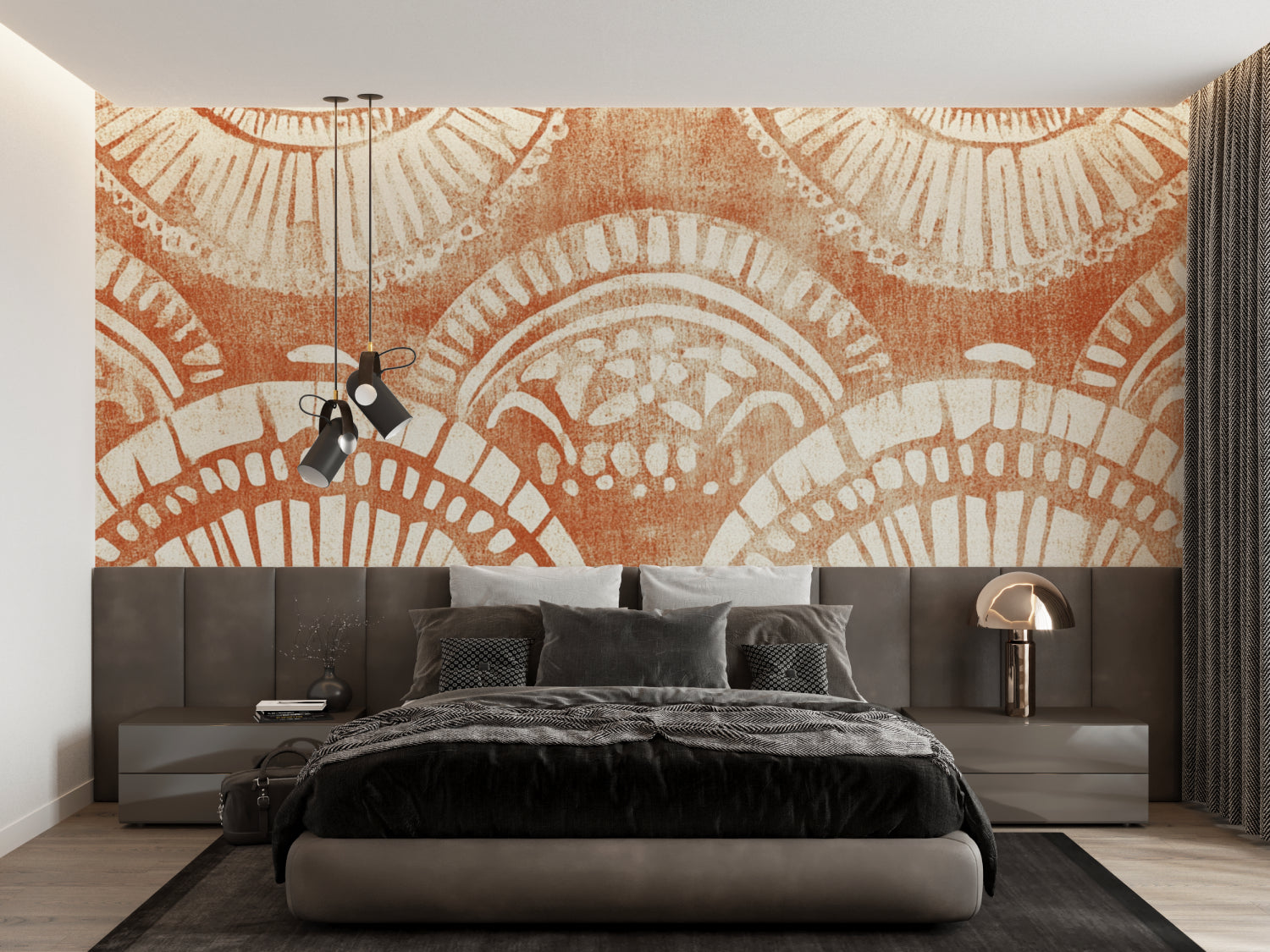 Vintage-inspired geometric wallpaper adding character to a boutique hotel lobby