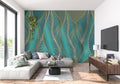 Art deco leaf wallpaper in modern living room, turquoise and gold design catching natural light