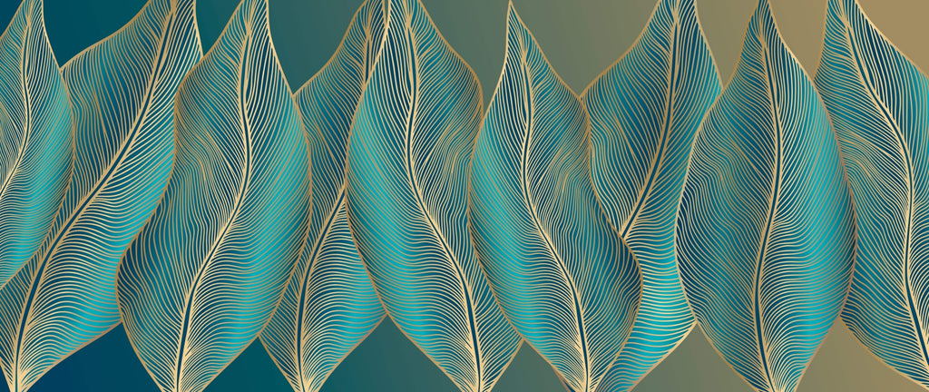 Art deco wallpaper design file showing intricate turquoise leaves with flowing gold lines pattern