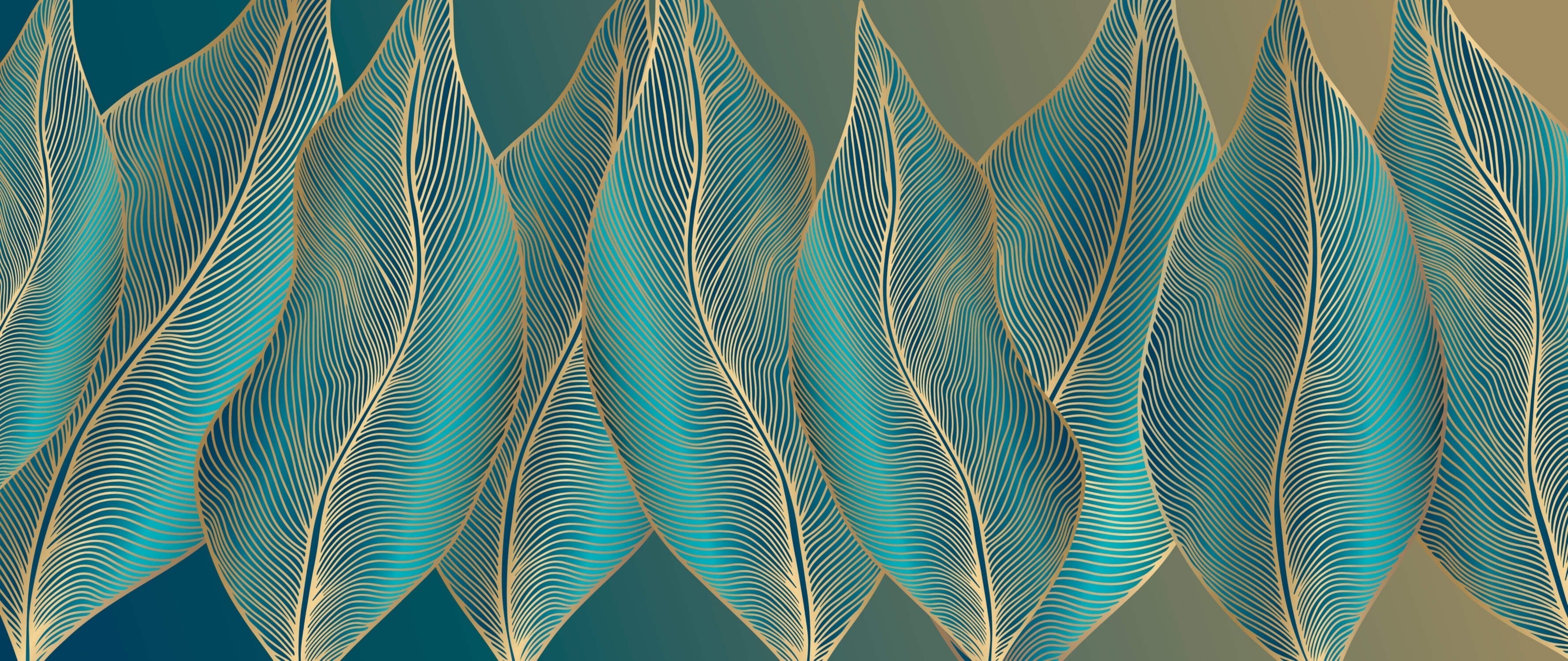 Art deco wallpaper design file showing intricate turquoise leaves with flowing gold lines pattern