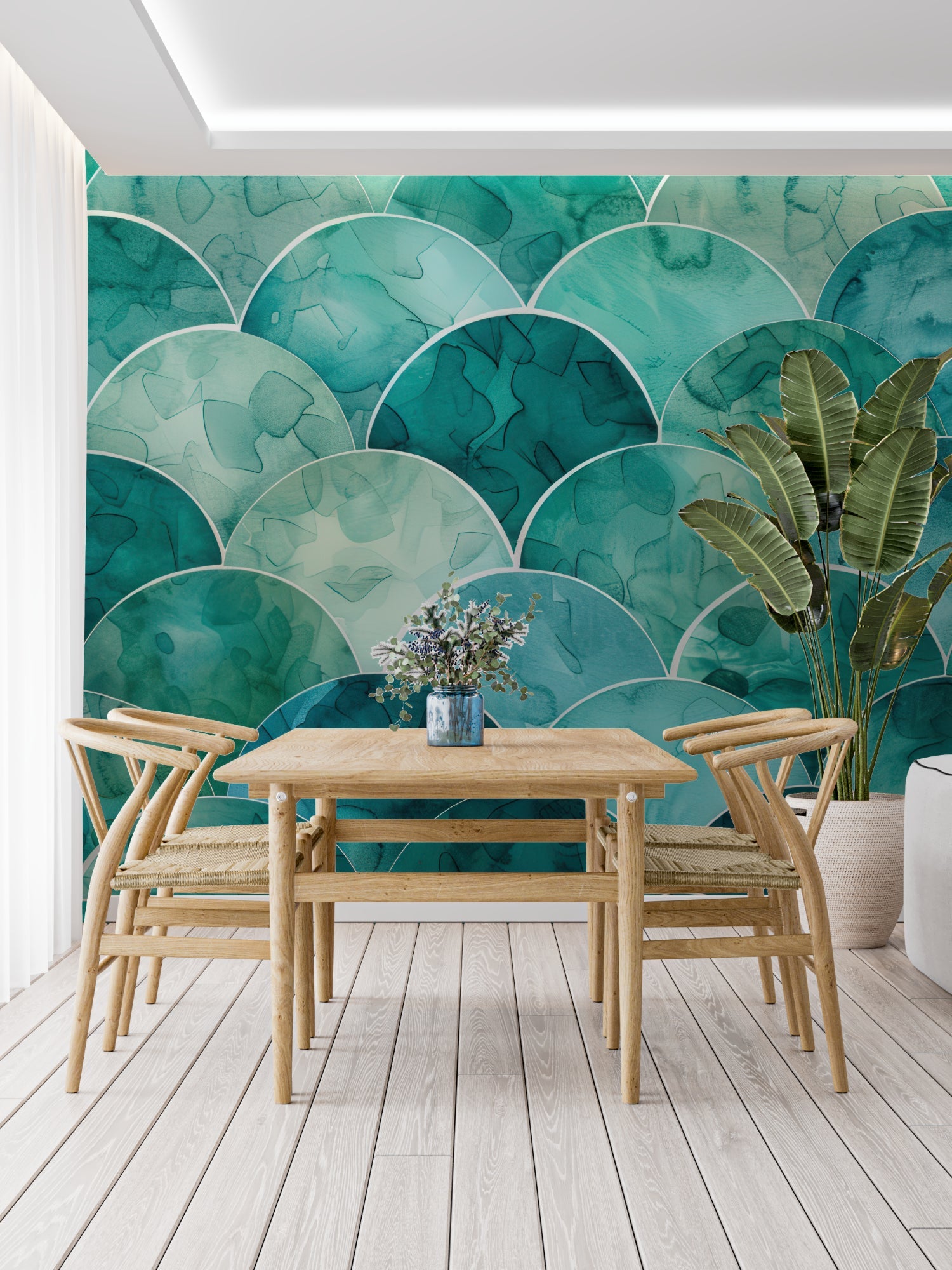 Turquoise art deco scale wallpaper in modern living room with grey sofa and natural light