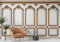White and gold baroque panel wallpaper in luxury dining room with crystal chandelier and modern furniture