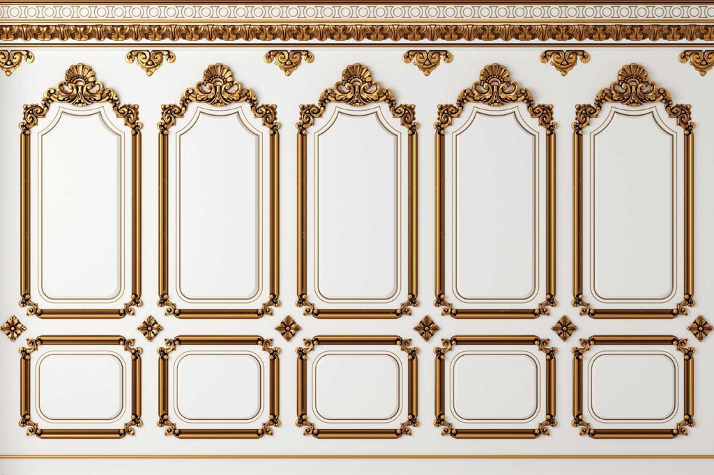 White and gold baroque panel wallpaper design file showing intricate architectural details