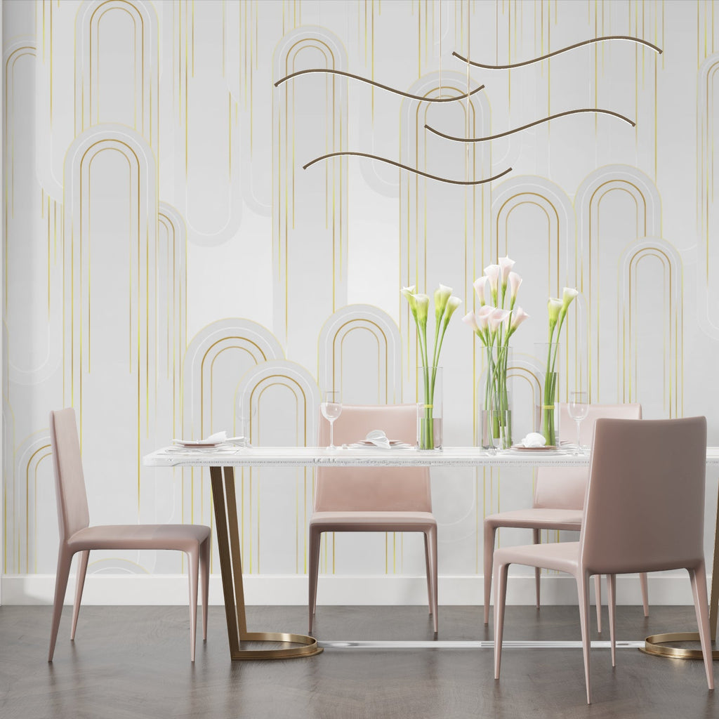 Art deco gold arch wallpaper in modern living room with grey sofa and natural light