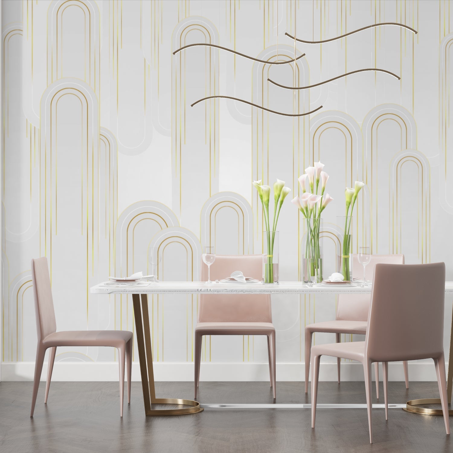 Art deco gold arch wallpaper in modern living room with grey sofa and natural light