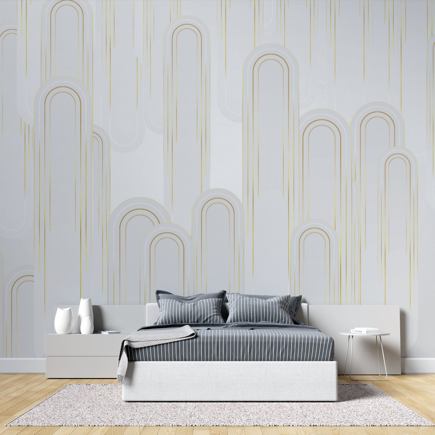 Art deco wall mural in master bedroom with luxury bedding and gold accents