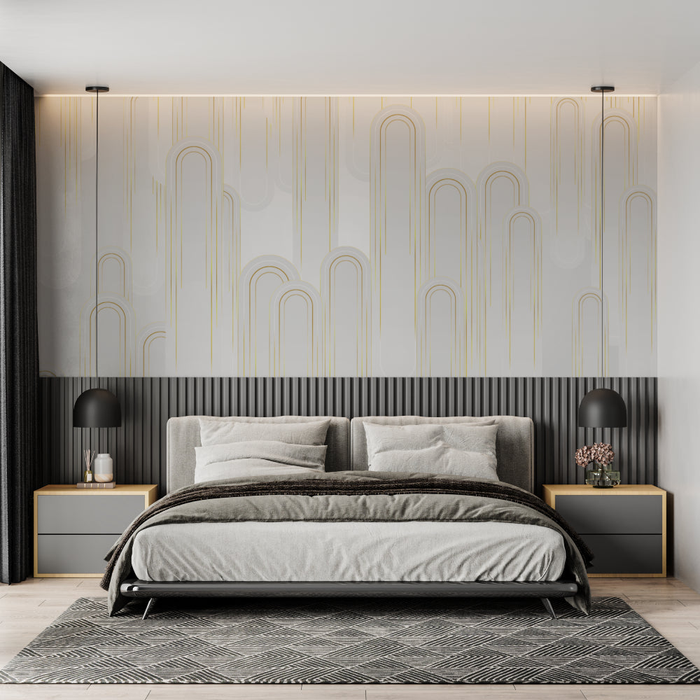 White and gold geometric pattern in home office with minimalist desk