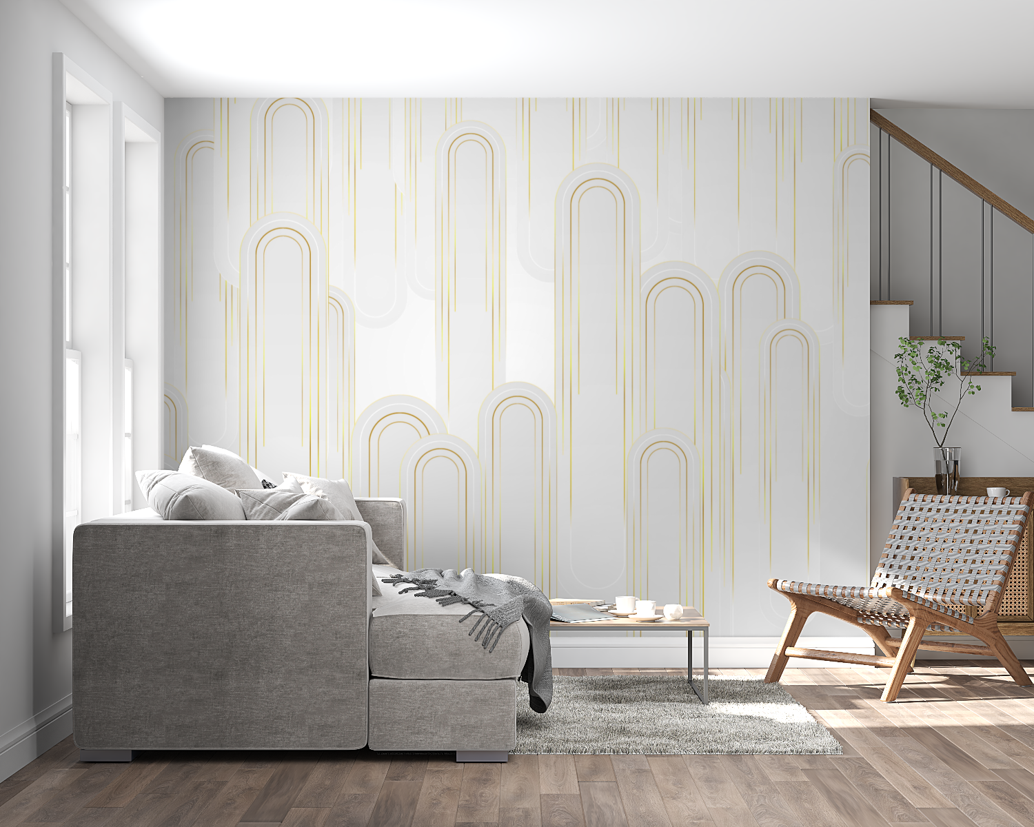 White and gold geometric art deco wallpaper in modern living room with high ceilings and minimalist furniture