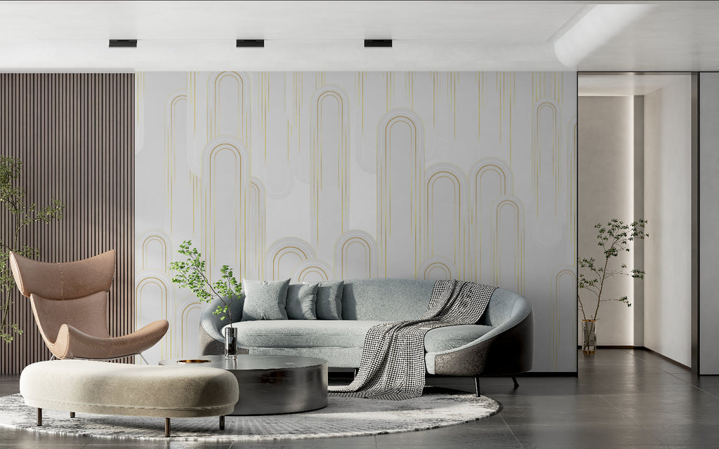 Art deco wall mural featuring golden arches in luxury master bedroom with soft lighting
