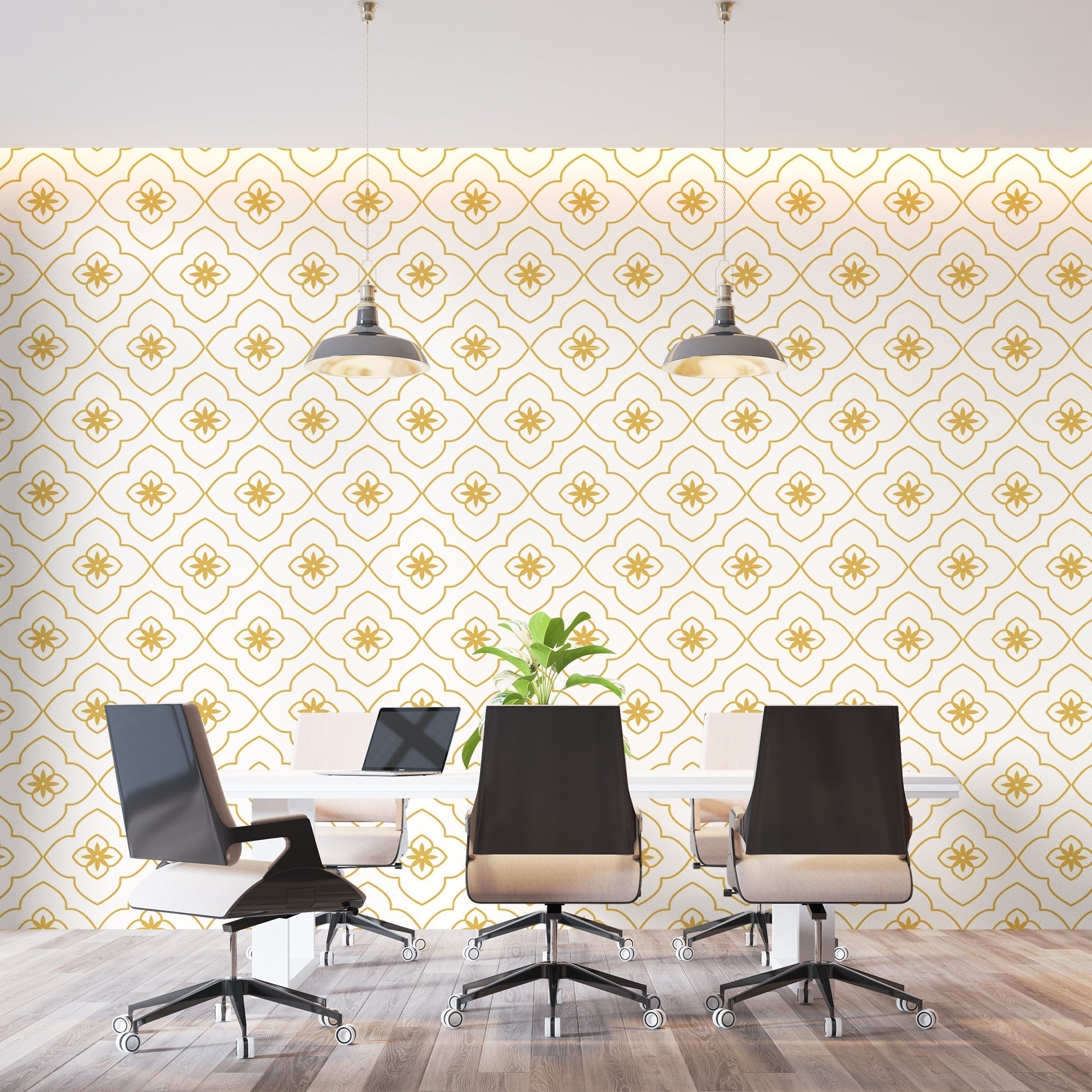 White and gold geometric wallpaper making a statement in master bedroom with minimal furniture