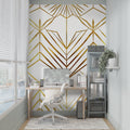White and gold art deco wallpaper in modern dining room with crystal chandelier