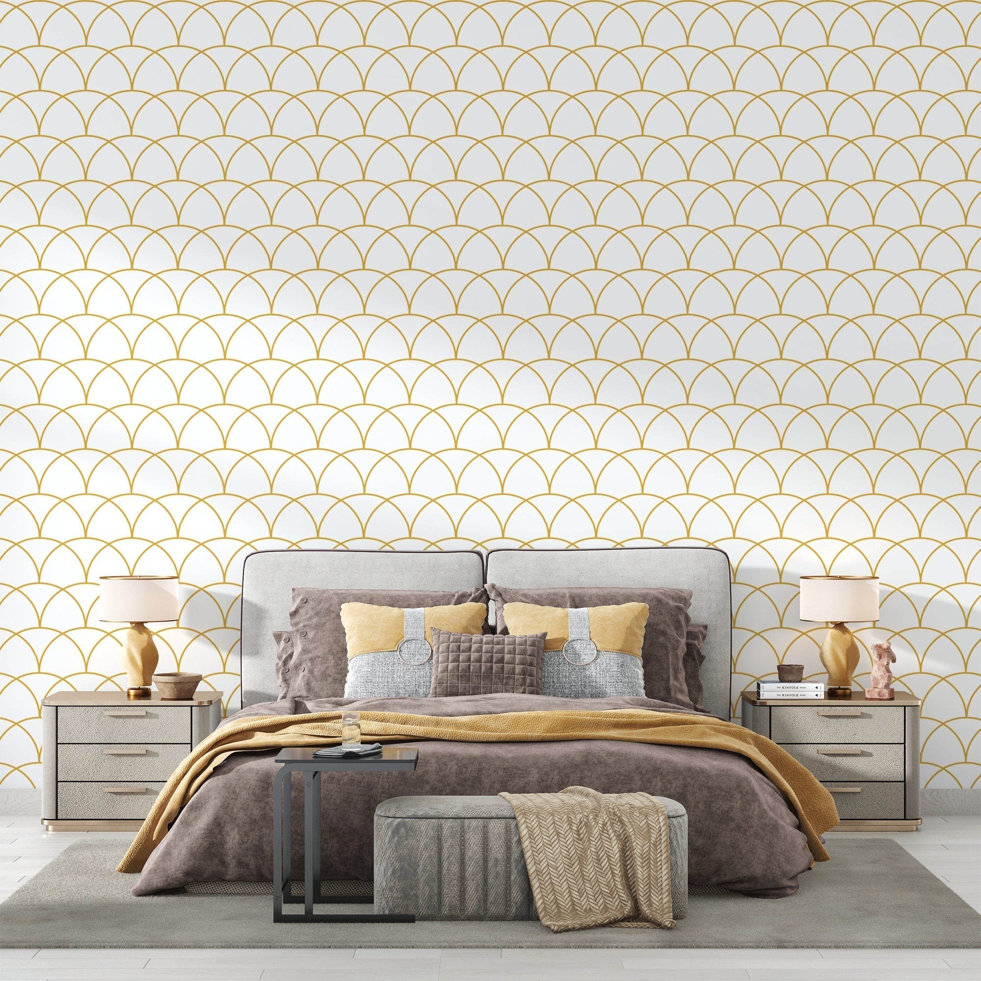 Art deco scale pattern wallpaper in white and gold creating a luxurious atmosphere in a modern living room