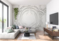 White Art Nouveau 3D relief wallpaper in modern living room with natural light highlighting the raised pattern
