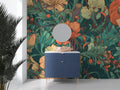 Art Nouveau floral wallpaper bringing elegant charm to a bright dining room with coral and green tones