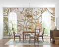 Art Nouveau floral wallpaper in an elegant living room with gold accents and natural light