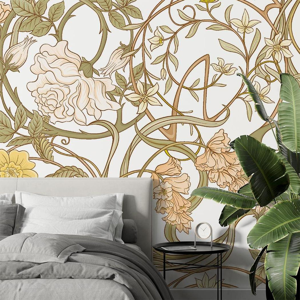 Art Nouveau pattern wallpaper in a cozy reading nook with soft lighting