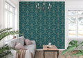 Art Nouveau wallpaper in modern living room showing emerald green and gold floral pattern creating depth