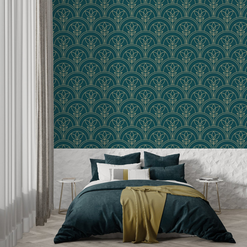 Green and gold Art Nouveau wallpaper styled in elegant dining room with crystal chandelier
