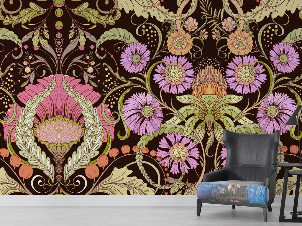 Botanical Art Nouveau mural in a home office with natural lighting