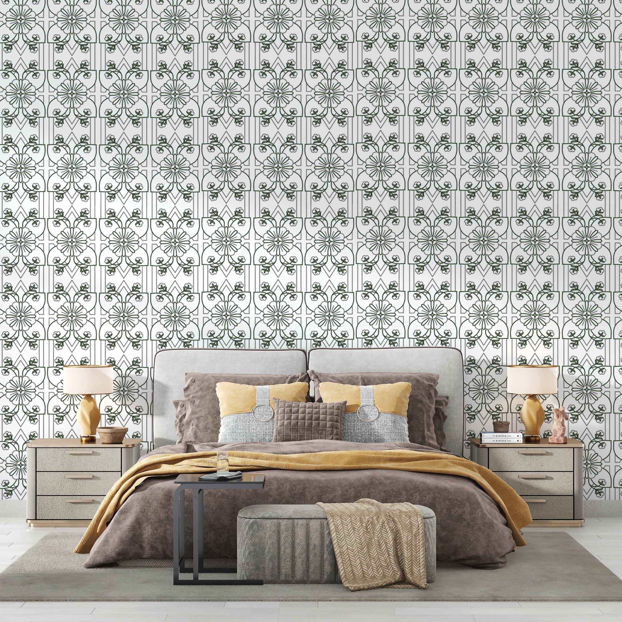 Art Nouveau green floral wallpaper in a bright modern living room showing geometric pattern detail