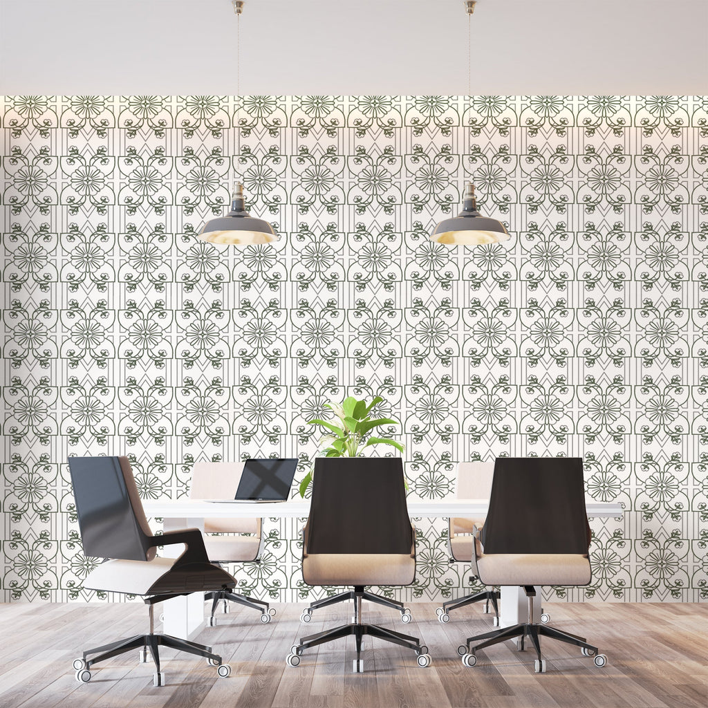Art Nouveau pattern wallpaper featured in a stylish home office space