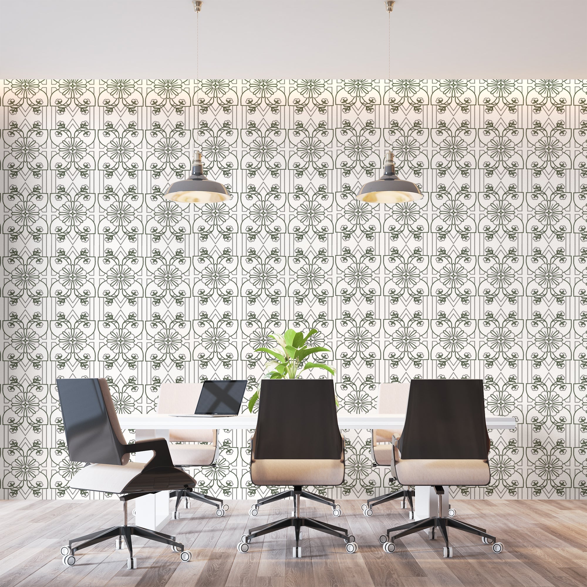 Art Nouveau pattern wallpaper featured in a stylish home office space