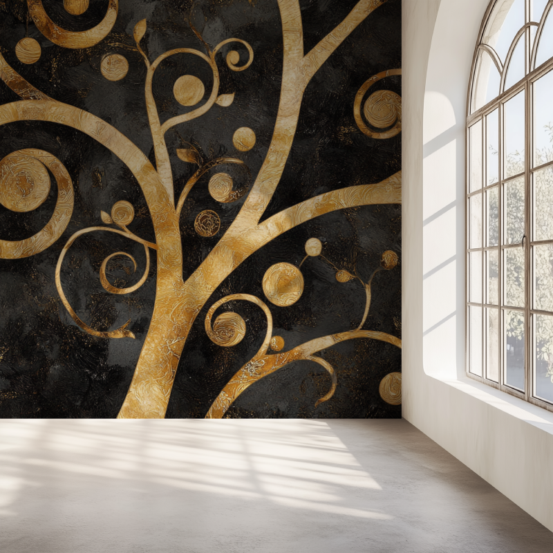 Art Nouveau Tree of Life wallpaper in modern dining room with gold accents and black furniture