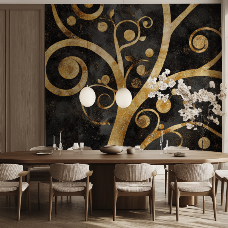 Black and gold Art Nouveau wallpaper creating drama in luxury entrance hall