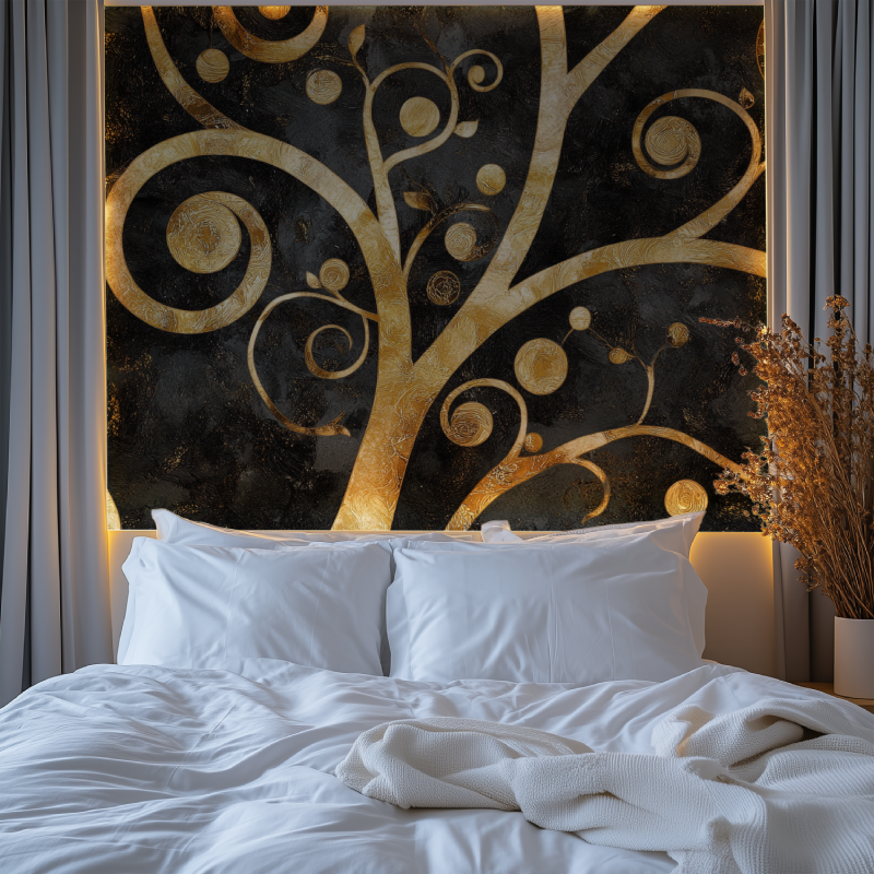 Art Nouveau gold tree pattern transforming master bedroom wall