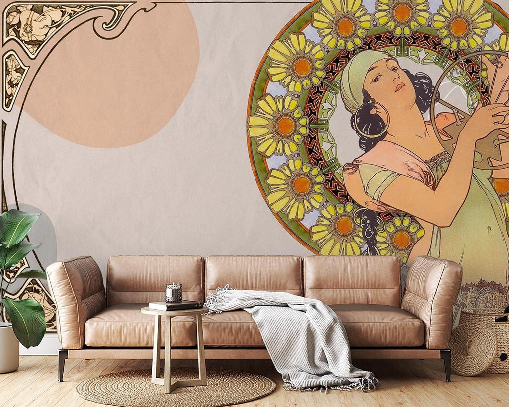 Art Nouveau sunflower medallion wallpaper creating an elegant atmosphere in a bright living room with vintage furniture