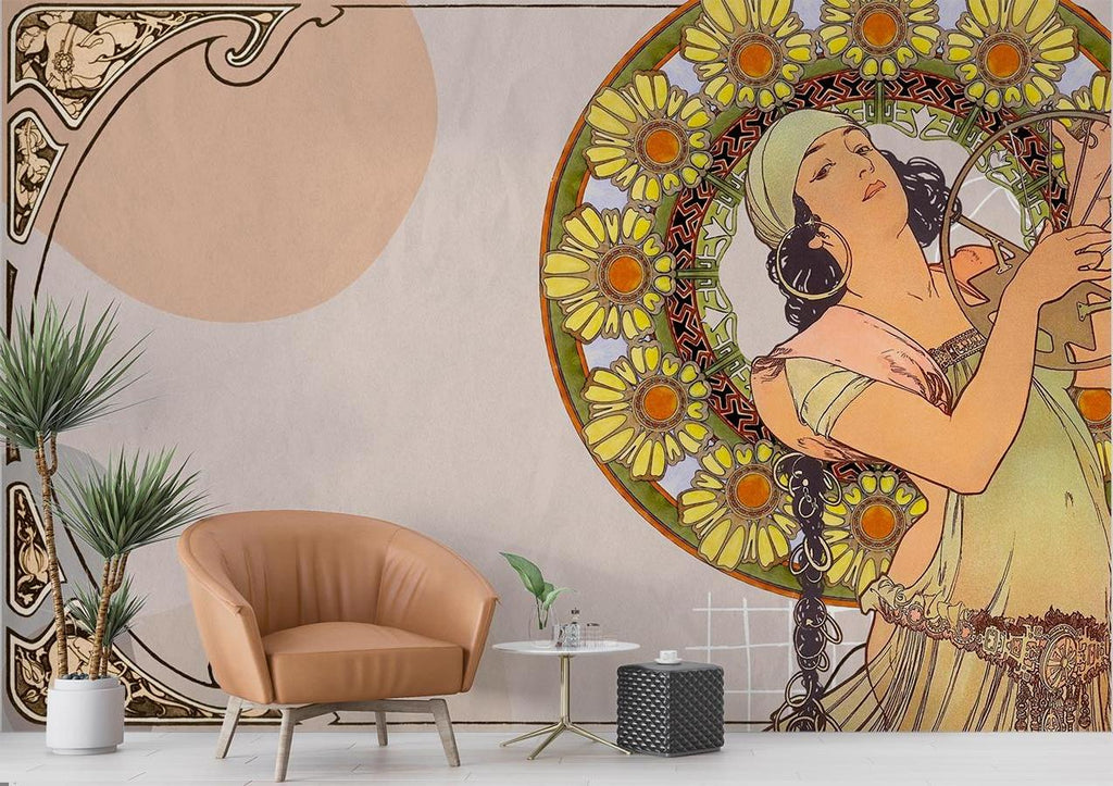 Art Nouveau wallpaper with golden sunflower pattern making a stunning backdrop in a modern dining space