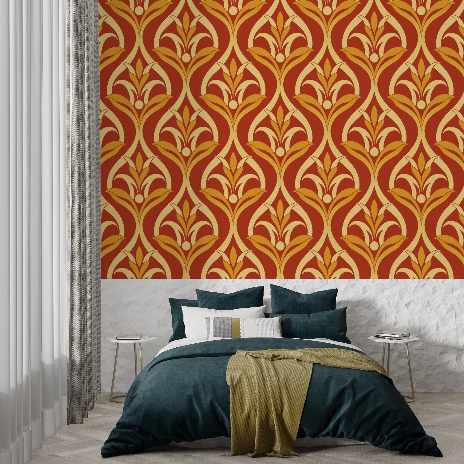 Art nouveau wallpaper with terracotta and gold florals in a modern living room setting