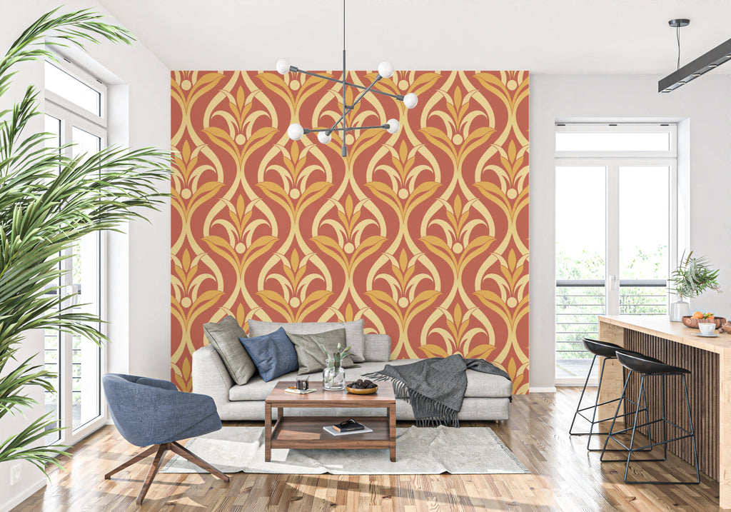 Elegant dining room featuring art nouveau floral wallpaper in warm terracotta tones
