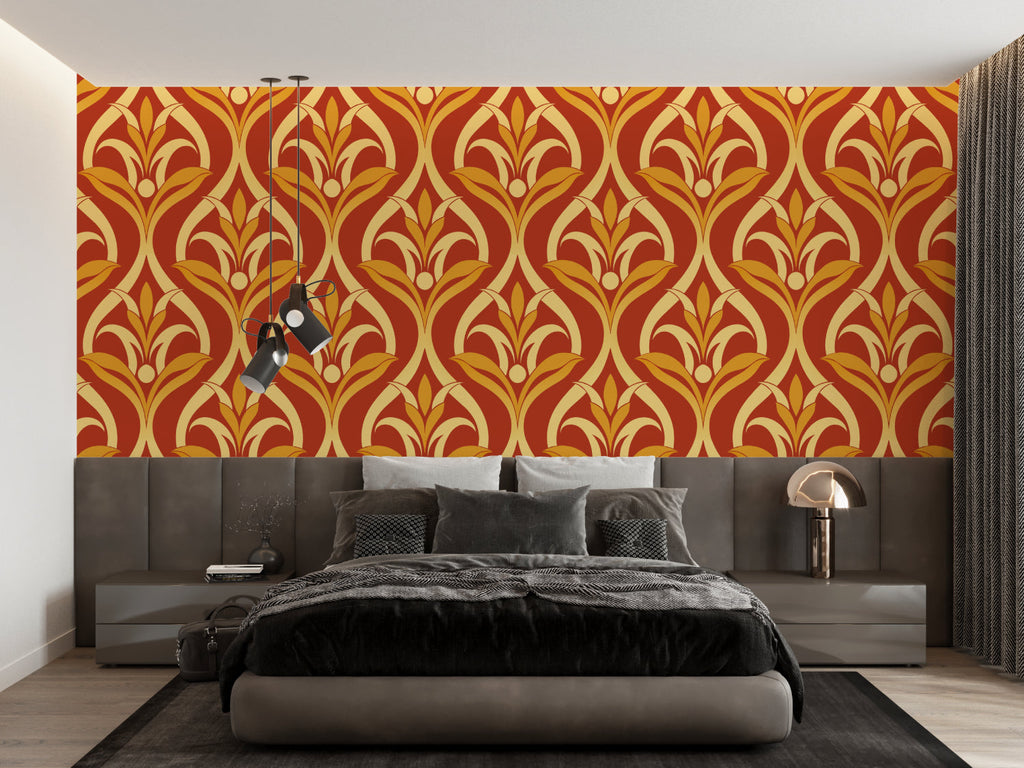Art nouveau pattern wallpaper creating a bold accent wall in master bedroom